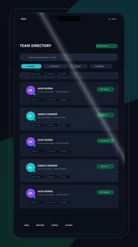 dark modern ui design, list of user profiles with avatars and activity status, digital interface screen, user accounts