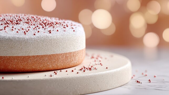 Round layered cake on a marble display with red sprinkles and soft bokeh lights for bakery menu images, dessert product showcase and celebration styling with clean studio background
