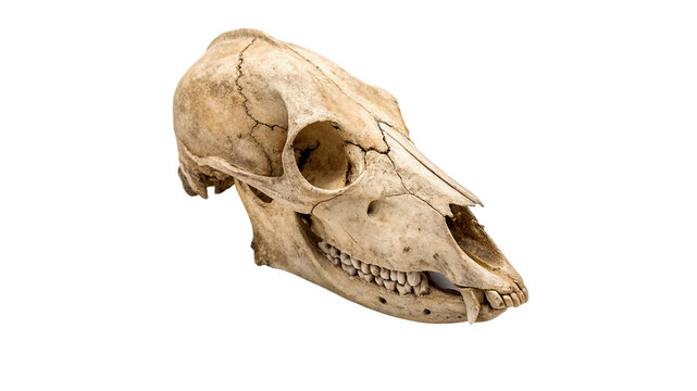 Spooky ancient wild animal skull bones skeleton prop isolated on transparent background.