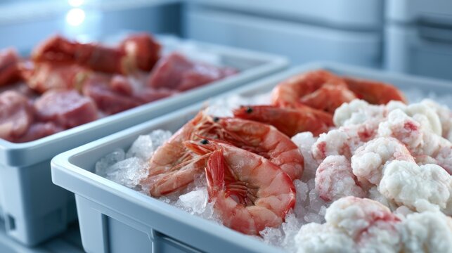 Refrigerated van interior displaying fresh seafood including shrimp and fish on ice in gray plastic containers, showcasing organized storage for perishable goods