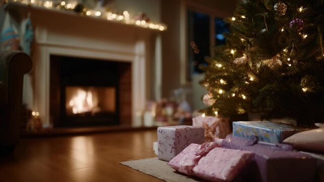 Cozy Christmas Morning Fireside with Presents Under Tree