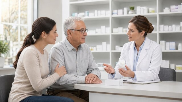 Female pharmacist in white coat consulting with elderly man and woman in pharmacy, discussing medication at a table with shelves of products in the background
