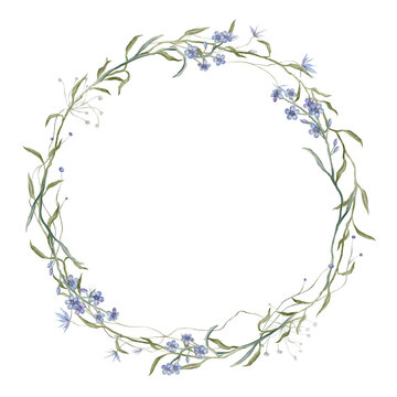 Delicate wildflower wreath or floral wedding crest. Wildflower spray circle or round frame with blue forget-me-not and delicate leaves watercolor illustrations. For wedding invitations, greeting cards