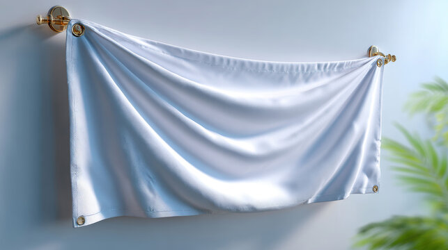 Wall-mounted draped vinyl banner on brass hooks showing realistic folds and grommet corners for indoor display mockup, custom signage presentation and fabric texture preview