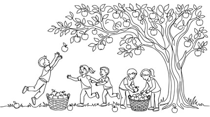 Fototapeta premium Children Picking Apples from Tree, Vector Illustration, Isolated
