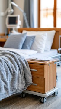 Hospital room featuring a wooden bedside table with drawers, a neatly made bed with gray blankets and pillows, and medical equipment in the background