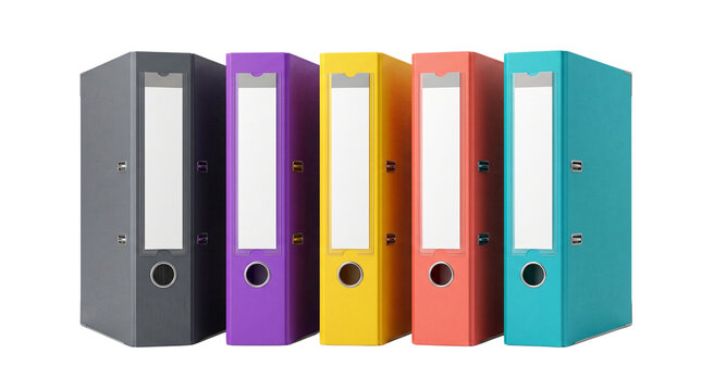 Five colorful office ring binders standing in a row isolated on transparent background