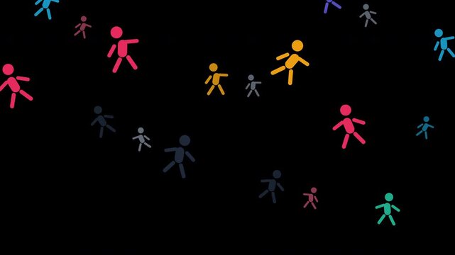 Colorful stick figures dance and float in space, abstract people animation, playful motion graphic loop