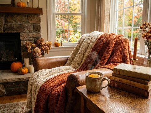 A cozy autumn scene unfolds with a plush armchair draped in a warm, chunky knit blanket, a steaming mug of tea, and a stack of vintage books by a window overlooking colorful fall foliage.