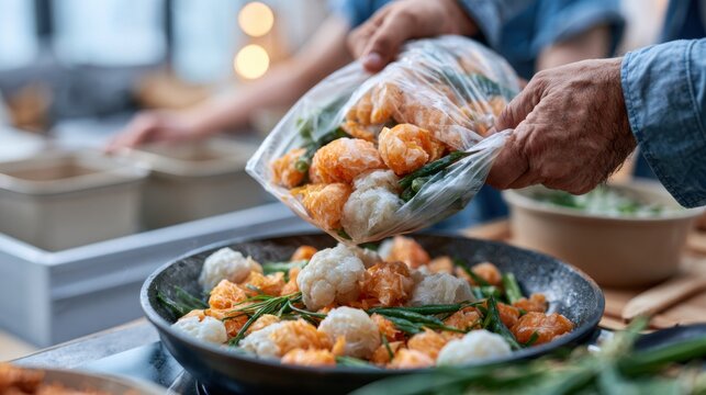 Hands pouring frozen food into a frying pan with green vegetables, kitchen setting featuring bowls and cooking utensils in the background