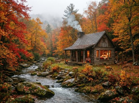 A rustic log cabin nestled in a vibrant autumn forest, with smoke gently rising from the chimney and a stream flowing nearby, creating a picturesque and cozy scene of natural beauty.