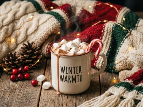 Cozy winter scene with a steaming mug of hot chocolate, adorned with marshmallows and a candy cane, surrounded by festive decorations on a rustic wooden surface.