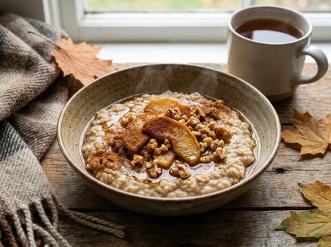 A steaming bowl of hearty oatmeal topped with caramelized apple slices and crunchy walnuts, served alongside a warm mug of tea, evoking a cozy autumn morning.