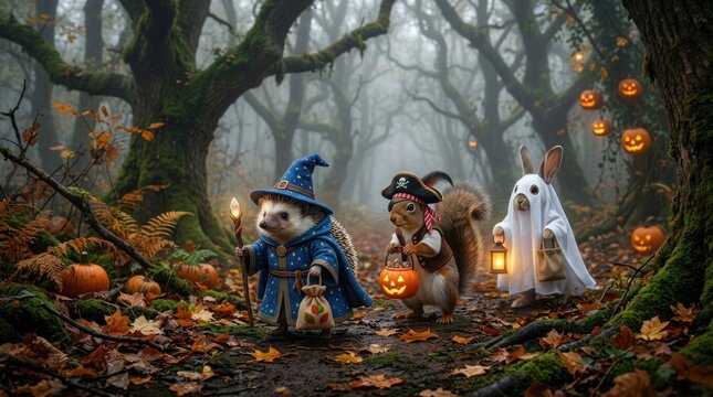 Cute animals in Halloween costumes in misty autumn forest.