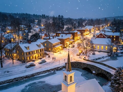 A picturesque New England village is blanketed in freshly fallen snow during the serene twilight hour. Quaint historic buildings and a charming stone bridge are illuminated by warm, inviting lights.