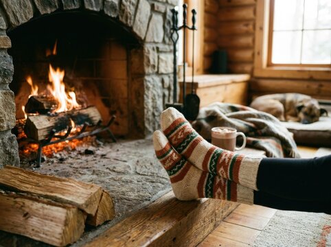 Cozy comfort in a rustic cabin, with feet adorned in warm patterned socks resting near a crackling fireplace. A gentle dog naps peacefully in the background, embodying ultimate relaxation and hygge.