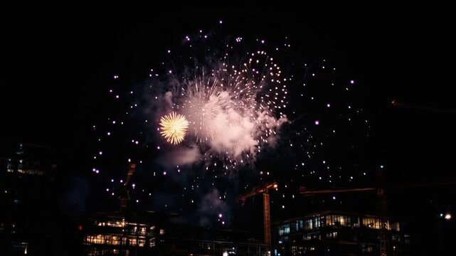 Colorful fireworks burst spectacularly in the night sky above a cityscape. ..Created with Generative AI, not depicting real subjects.