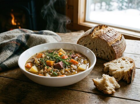 Hearty lentil soup, steaming in a white bowl, is served with crusty bread on a rustic wooden table, creating a cozy and comforting meal.