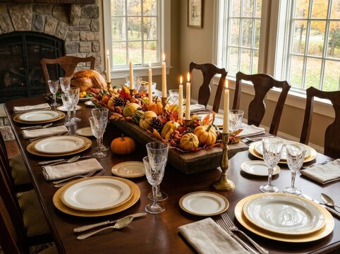 A beautifully set dining table awaits a festive feast, adorned with autumn harvest decorations, glowing candles, and elegant place settings, evoking warmth and abundance.