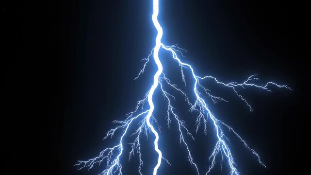 Electric lightning bolt striking with branching energy during a dark stormy night concept for power and nature's fury cinematic style