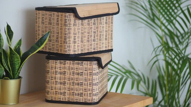 Stack of bamboo storage boxes on wooden shelf with green palm tree plant background indoors.