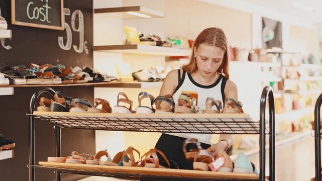 American woman shopper stands in a trendy shoe boutique and scans the barcode on the label of sandals. Woman paying for shoes in a shopping center with qr code in app . High quality 4k footage