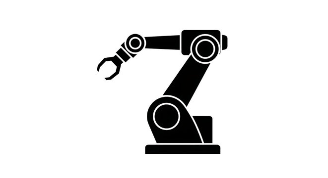 Black silhouette of an industrial robotic arm isolated on a transparent background for automation