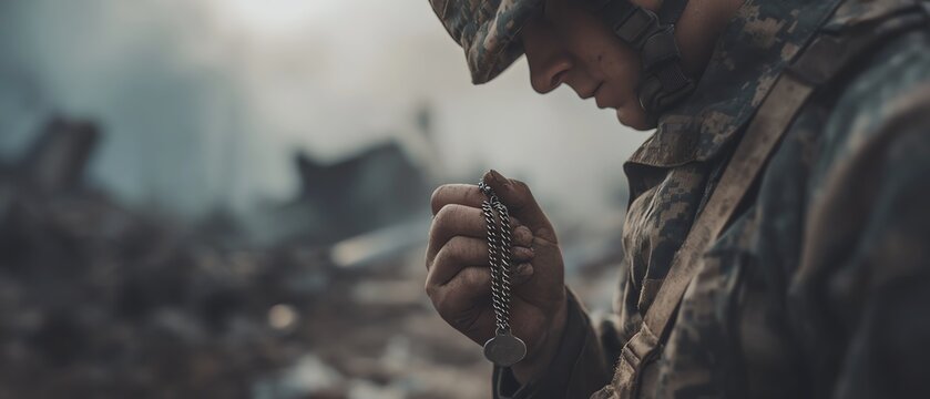 Soldier reflecting amidst war-torn surroundings.