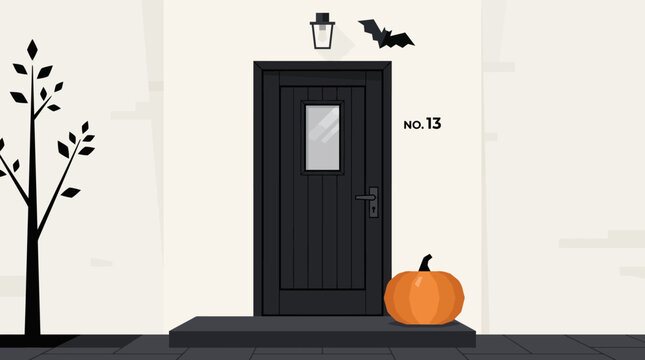 A black front door with the number thirteen and a pumpkin for halloween