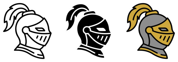 Obraz premium Three stylized medieval knight helmet vector icons for design project use