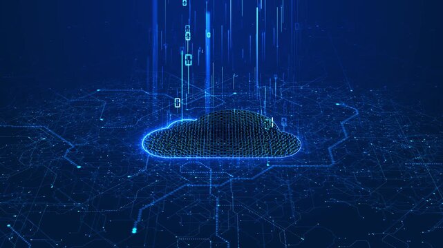 Futuristic cloud computing animation network paths, falling data, and luminous circuitry. remote servers, digital transformation, analytics, security, synchronization, scalable business technology.