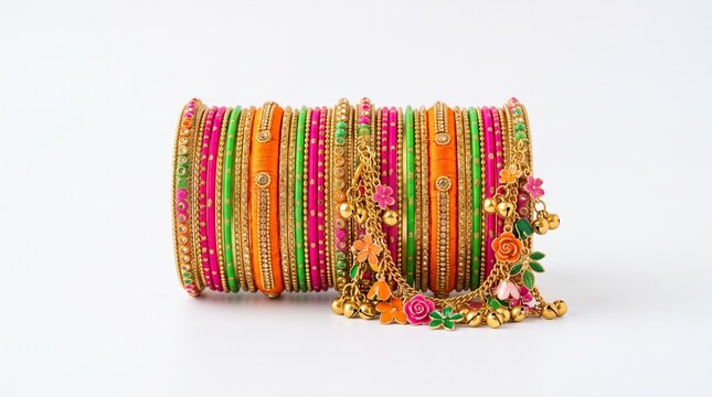 Title: Colorful traditional dholki bangles arranged in vibrant stacks isolated on white background representing South Asian celebrations, wedding accessories, cultural fashion, and festive beauty