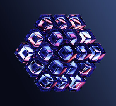 Neon glass AI data cube 3d icon of digital pixels and squares in glowing blue and purple gradient on dark render bg. Futuristic technology, geometric matrix, crystal block structure. 3D illustration