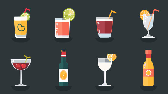 Colorful Flat Cocktail And Beverage Icon Set With Mixed Drinks, Bottles And Garnishes On Dark