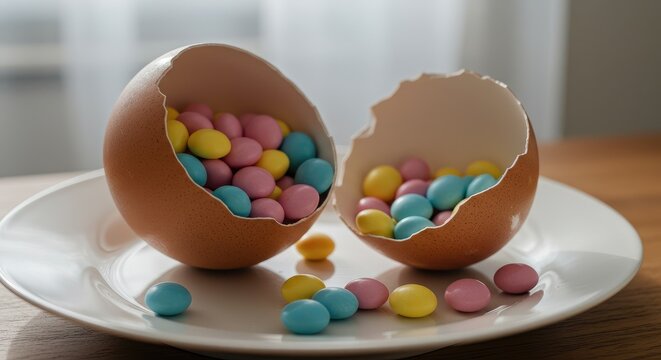 Colorful Easter eggshell filled with candy eggs on a white plate