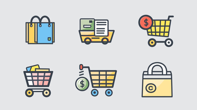 Colorful Flat Line Art Ecommerce Icon Set Featuring Shopping Carts Bags Delivery Truck Wallet