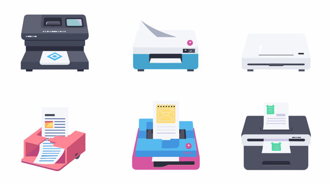 Colorful Flat Multifunction Printer And Scanner Icon Set Showing Various Office Copiers And Fax