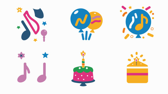Colorful Flat Music And Celebration Icon Set With Balloons Cake Gift And Confetti On Light