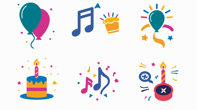 Colorful Flat Party Celebration Icon Set With Balloons Cake Music Notes Confetti And Party Hat
