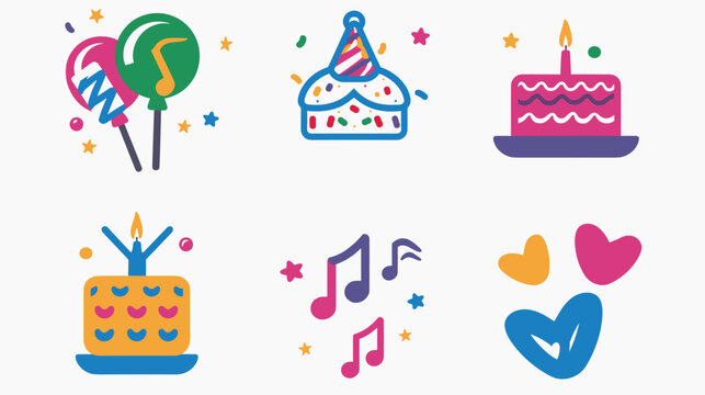 Colorful Flat Party Celebration Icons Featuring Balloons Birthday Cakes Gift Box Music Notes And