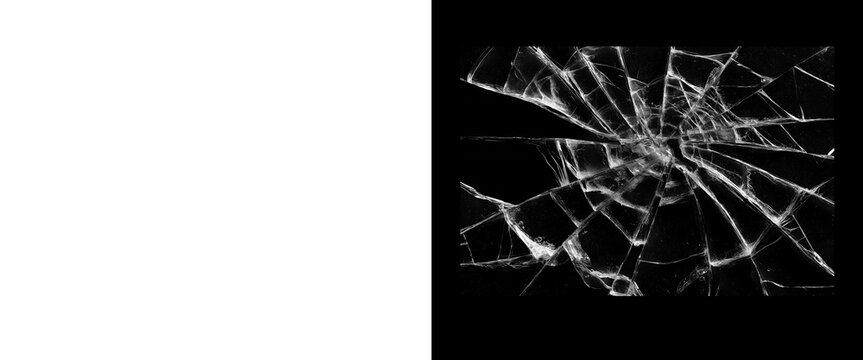 Shattered glass texture on black background, broken window pane with radial cracks, realistic glass shards and splintered surface for overlay effects