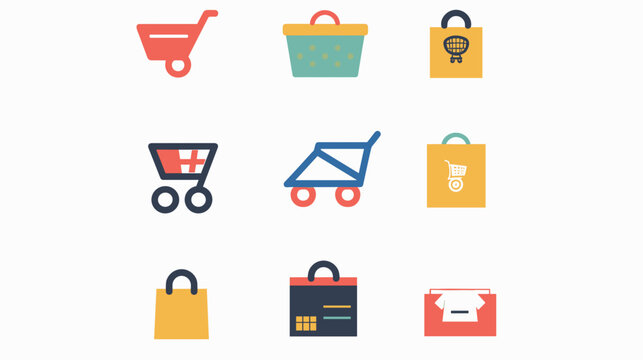 Colorful Flat Retail And E-commerce Icon Set With Shopping Carts, Strollers, Tote Bags And Wallets
