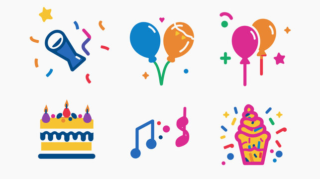 Colorful Flat Party Celebration Icon Set With Balloons Megaphone Birthday Cake Cupcake Confetti And