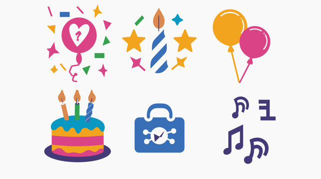 Colorful Flat Party Celebration Icons Featuring Birthday Cake With Candles Balloons Confetti Gift