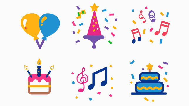 Colorful Flat Party Icon Set With Balloons Birthday Cake Party Hat Music Notes And Confetti On