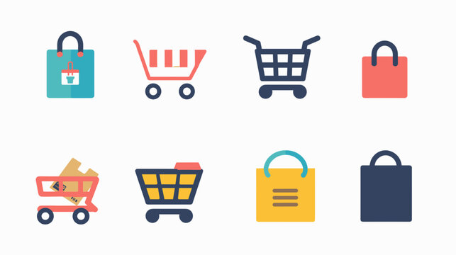 Colorful Flat Retail And E-Commerce Shopping Icon Set Featuring Grocery Carts Shopping Bags And