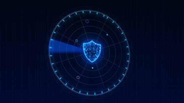 Futuristic radar scanner focuses luminous digital shield for cyber defense and data protection. security software, intrusion detection, risk monitoring, authentication, enterprise IT, privacy themes.