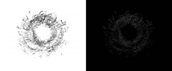 Shattered glass bullet hole texture, broken window glass impact cracks on white and black background, circular glass fracture pattern for overlays © Creative Element