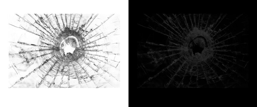 Shattered glass texture with bullet hole impact, cracked window glass surface on white and black background, broken glass spiderweb pattern for overlay