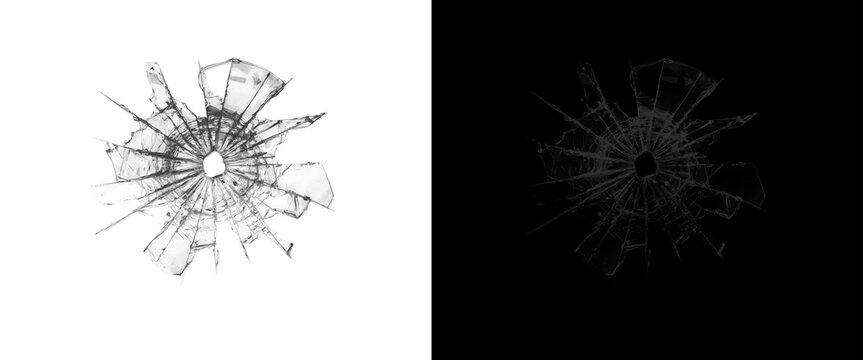 Shattered glass bullet hole texture, broken window glass with radial cracks, realistic impact damage on white and black backgrounds